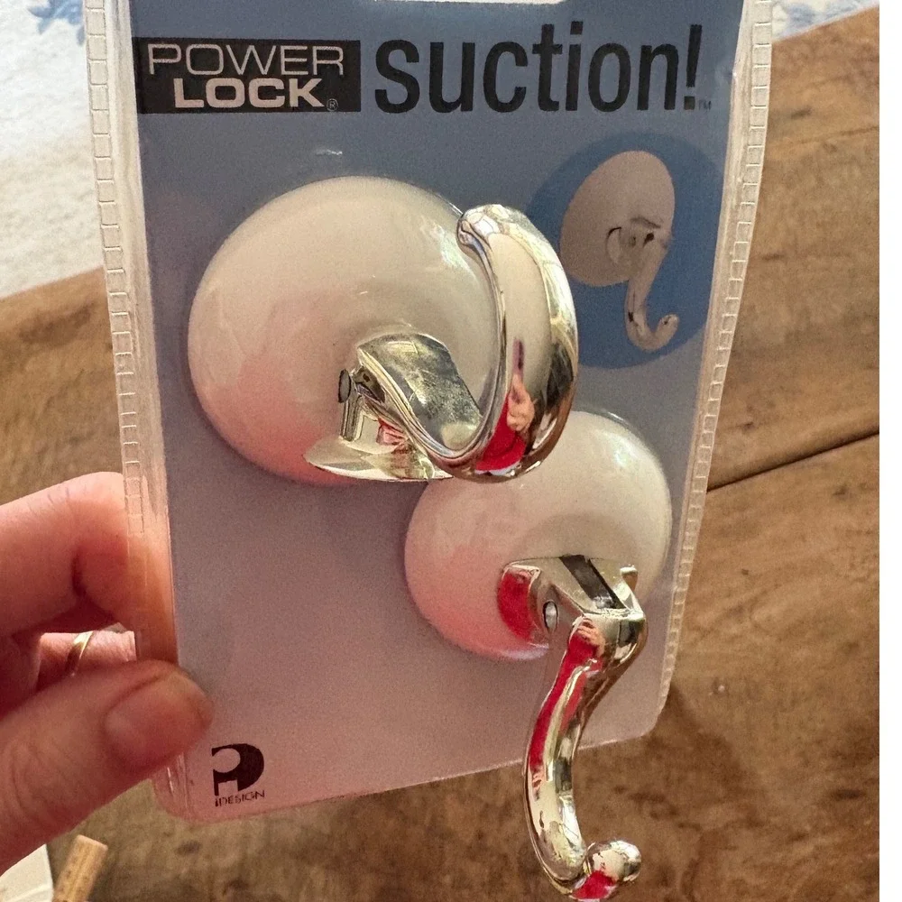 iDesign Power Lock Suction Hooks 2 Pack White Chrome Bathroom Kitchen 97585T NEW